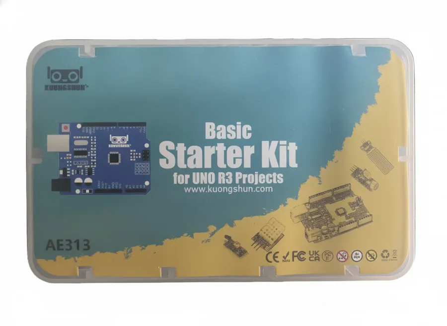 The Basic Starter Kit box with the Arduino board, breadboard, sensors and parts