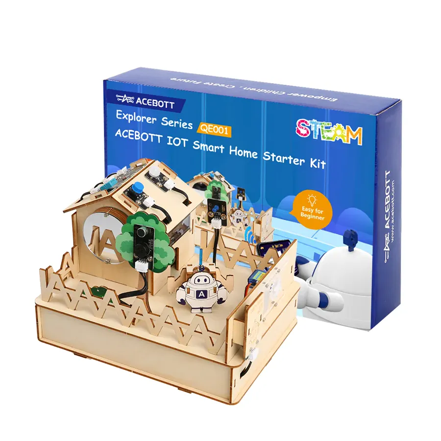 The ACEBOTT smart home kit, a small wooden house with electronics inside