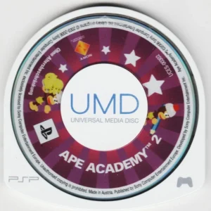 Ape Academy 2 game disc for PSP showing colorful cover art with cartoon apes and jungle background GAMERIFT