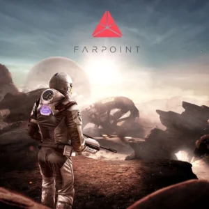 Farpoint PlayStation 4 game disc cover art showing sci-fi soldier in futuristic armor on alien planet GAMERIFT