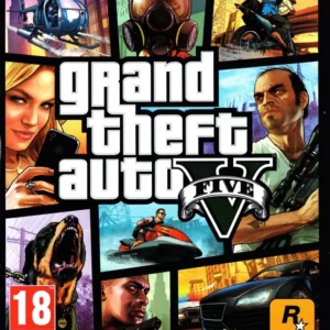 Grand Theft Auto V game cover art showing characters and cityscape for Xbox One GAMERIFT