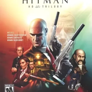 Hitman HD Trilogy cover art showing Agent 47 in a suit with a red tie holding a silverballer pistol for Xbox 360 GAMERIFT