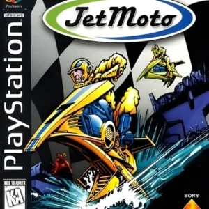 Jet Moto PlayStation 1 game cover art showing futuristic motorcycle racing on a vibrant track GAMERIFT