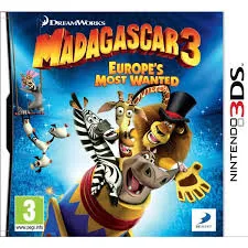 Madagascar 3 Europes Most Wanted game cover art for Nintendo 3DS showing animated characters on a colorful background GAMERIFT