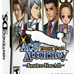 Phoenix Wright Ace Attorney Justice For All game cover art for Nintendo DS featuring courtroom scene and character illustrations GAMERIFT