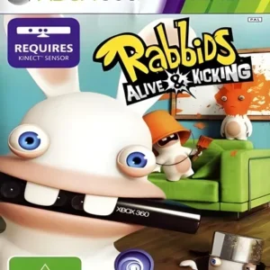 Rabbids Alive and Kicking game cover art for Xbox 360 showing cartoon Rabbids characters in action GAMERIFT