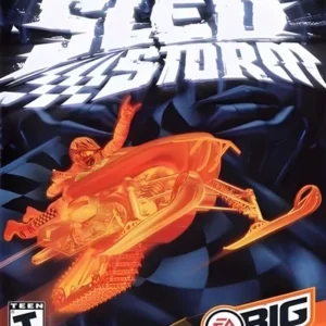 Sled Storm PlayStation 1 game cover art showing snowmobiles racing on a snowy mountain track GAMERIFT