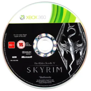 The Elder Scrolls V Skyrim game disc with cover art showing a dragon emblem for Xbox 360 GAMERIFT