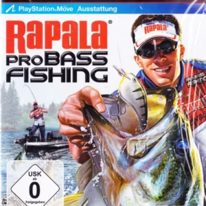 Used PS3 Rapala Pro Bass Fishing game case, cover art with angler, bass fish and lure, German label, worn box sleeve