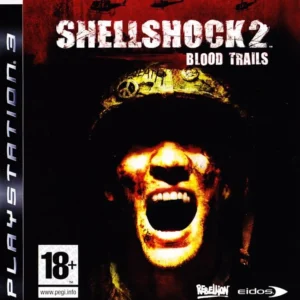 Used PS3 Shellshock 2: Blood Trails game case with soldier screaming cover art, PEGI 18 label, visible wear to box