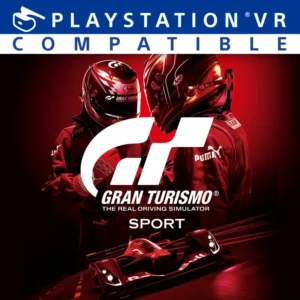 Gran Turismo Sport PS4 cover art featuring two racing drivers in red suits and helmets with formula car, PlayStation VR compatible