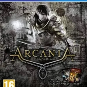 ArcaniA The Complete Tale PS4 game cover showing armoured mage casting glowing spell, PEGI 16, Nordic Games edition.