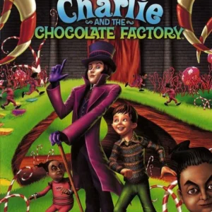 Charlie and the Chocolate Factory PS2 game cover featuring Willy Wonka, Charlie, and Oompa Loompas in candy garden scene.