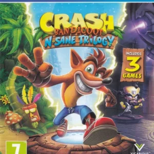 Crash Bandicoot N. Sane Trilogy PS4 used game cover featuring Crash, Aku Aku mask and Dr. N. Brio, includes 3 games.
