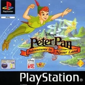 Disney's Peter Pan Adventures in Never Land PS1 PAL cover art featuring Peter Pan flying with Tinker Bell over Never Land