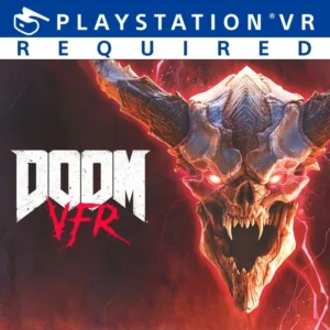 DOOM VFR PS4 cover art featuring demon skull with glowing red eyes and PlayStation VR Required banner, used condition.
