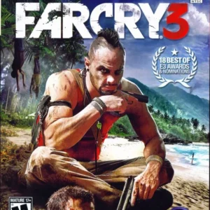 Far Cry 3 Xbox 360 used game case cover featuring villain Vaas holding pistol over captive on tropical beach.