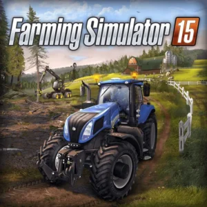 Farming Simulator 15 PS4 used game cover art featuring blue tractor on dirt road with red barn and forestry equipment
