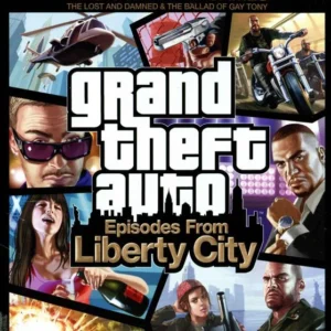 Xbox 360 Grand Theft Auto: Episodes from Liberty City PAL cover art featuring character montage and Rockstar logo, used condition.