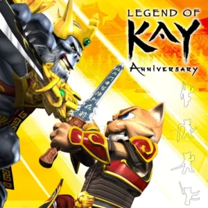 Legend of Kay Anniversary PS4 cover art featuring cat warrior battling armored gorilla with swords on yellow background