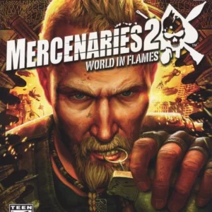 Mercenaries 2: World in Flames Xbox 360 used game cover showing bearded mercenary Mattias pulling grenade pin amid war-torn city.
