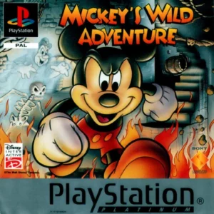 Mickey's Wild Adventure PS1 Platinum edition PAL cover art featuring Mickey Mouse running through flames with skeleton and ghost.