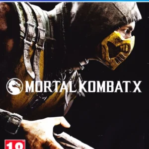 Mortal Kombat X PS4 used game cover featuring Scorpion in yellow mask wielding kunai blade, PEGI 18 rating