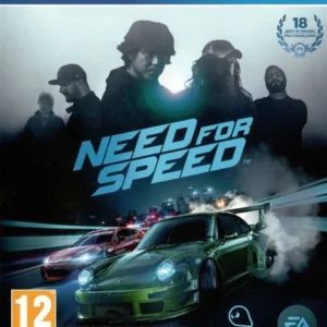 Need for Speed PS4 used game cover featuring green sports car, racing crew silhouettes and night cityscape, PEGI 12 rating.