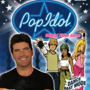 Pop Idol PS2 game cover featuring Simon Cowell and cartoon contestants, PAL version with Dance Mat Mode, used like new condition.