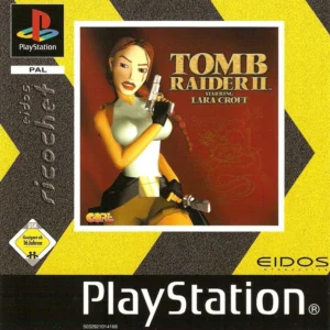 Tomb Raider II PS1 PAL cover art featuring Lara Croft with pistols, Eidos Ricochet edition, like new condition.