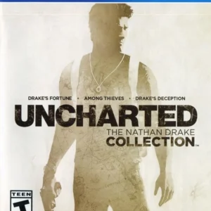 Uncharted The Nathan Drake Collection PS4 used game cover featuring Nathan Drake silhouette over treasure map background.