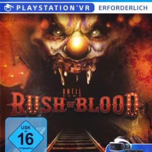 Until Dawn: Rush of Blood PS4 game cover featuring menacing clown art, PlayStation VR required label, and USK 16 rating.