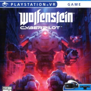 Wolfenstein Cyberpilot PS4 VR game cover art featuring large red-lit mech robot, used condition box with ESRB Mature rating.