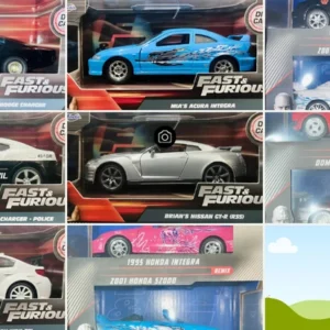 Fast and Furious Jada diecast car lot featuring Dodge Charger, Acura Integra, Nissan GT-R, Mazda RX-7 and more in sealed boxes.