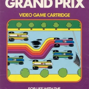 Activision Grand Prix Atari 2600 game box cover with colorful race car artwork on purple background, used condition.