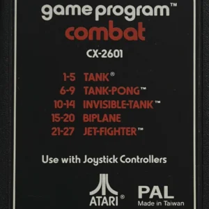 Atari 2600 Combat CX-2601 PAL cartridge label listing Tank, Tank-Pong, Invisible-Tank, Biplane, and Jet-Fighter game modes.