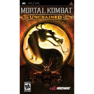 Mortal Kombat Unchained PSP used game cover featuring the iconic dragon logo and Shao Kahn, published by Midway, ESRB Mature 17+.