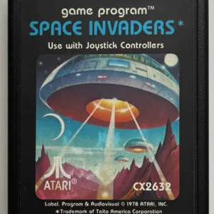 Space Invaders Atari 2600 game cartridge with UFO cover art, black label, CX2632, used good condition.