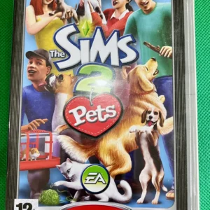 The Sims 2 Pets PSP Platinum edition used game case with cover art showing Sims characters, dogs, cat, and hamster.