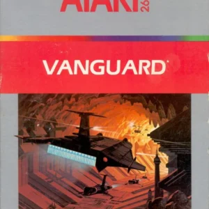 Vanguard Atari 2600 used game box featuring spaceship flying through orange cavern cover art with red Atari logo banner.