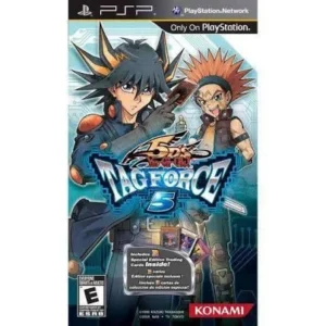 Yu-Gi-Oh! 5D's Tag Force 5 PSP game case cover featuring Yusei and Crow, Konami logo, used good condition.