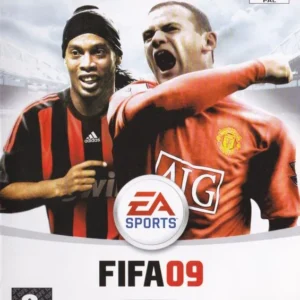 FIFA 09 PS2 PAL cover featuring Ronaldinho and Wayne Rooney, EA Sports football game, used condition box art.