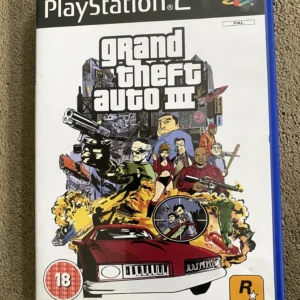 Grand Theft Auto III PS2 PAL game case front cover with Rockstar logo and 18 rating, used in good condition.