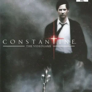 Constantine PS2 PAL used game cover featuring Keanu Reeves holding a golden cross weapon against a dark misty background.