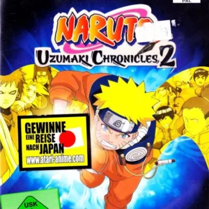 Naruto Uzumaki Chronicles 2 PS2 PAL German cover art with USK 12 rating and Atari Japan trip promotional sticker.