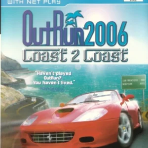 OutRun 2006: Coast 2 Coast PS2 game cover featuring red Ferrari convertible on coastal highway, PAL edition with Sega logo.