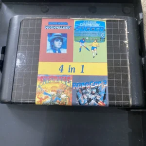 Sega Mega Drive 4-in-1 multicart featuring Moonwalker, J.League Champion Soccer, Sunset Riders and RoboCop 3 cover art label.