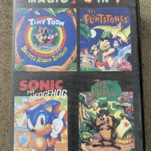 Sega Mega Drive Magic I 4-in-1 multicart case featuring Tiny Toon Adventures, Flintstones, Sonic the Hedgehog and Taz-Mania cover art.