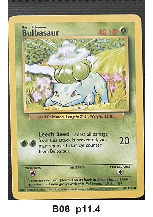 Pokemon TCG Bulbasaur 44/102 - Base Set (Common) + 1 Bonus Holo Card - Pre-Owned - Cards